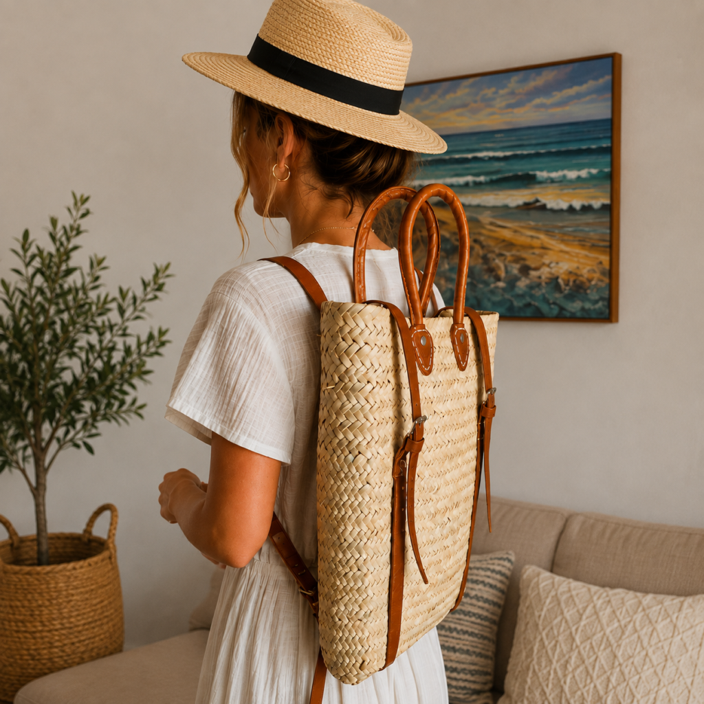 Handmade Natural Palm Bag with Leather Details