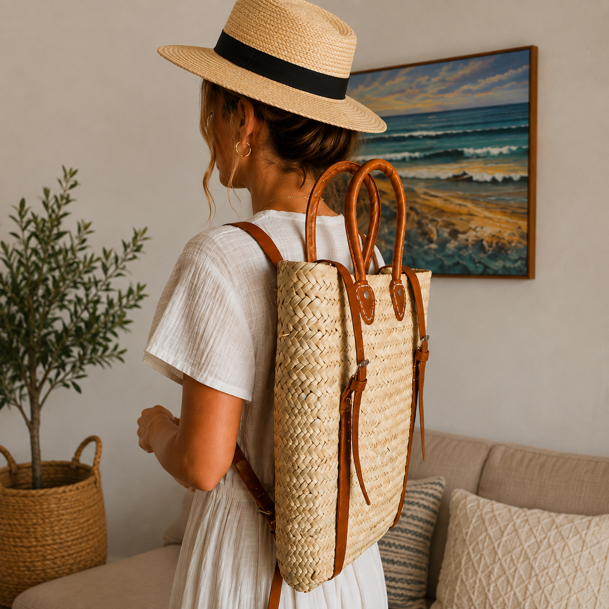 Handmade Natural Palm Bag with Leather Details