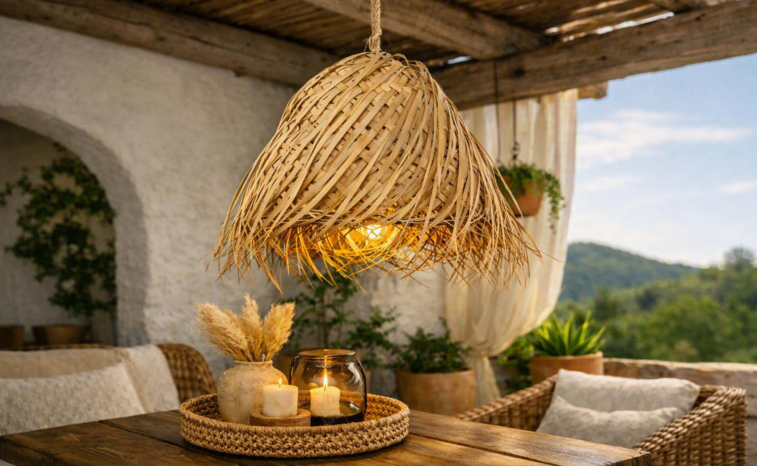 Handwoven Palm and Natural Fiber Pendant Lamp