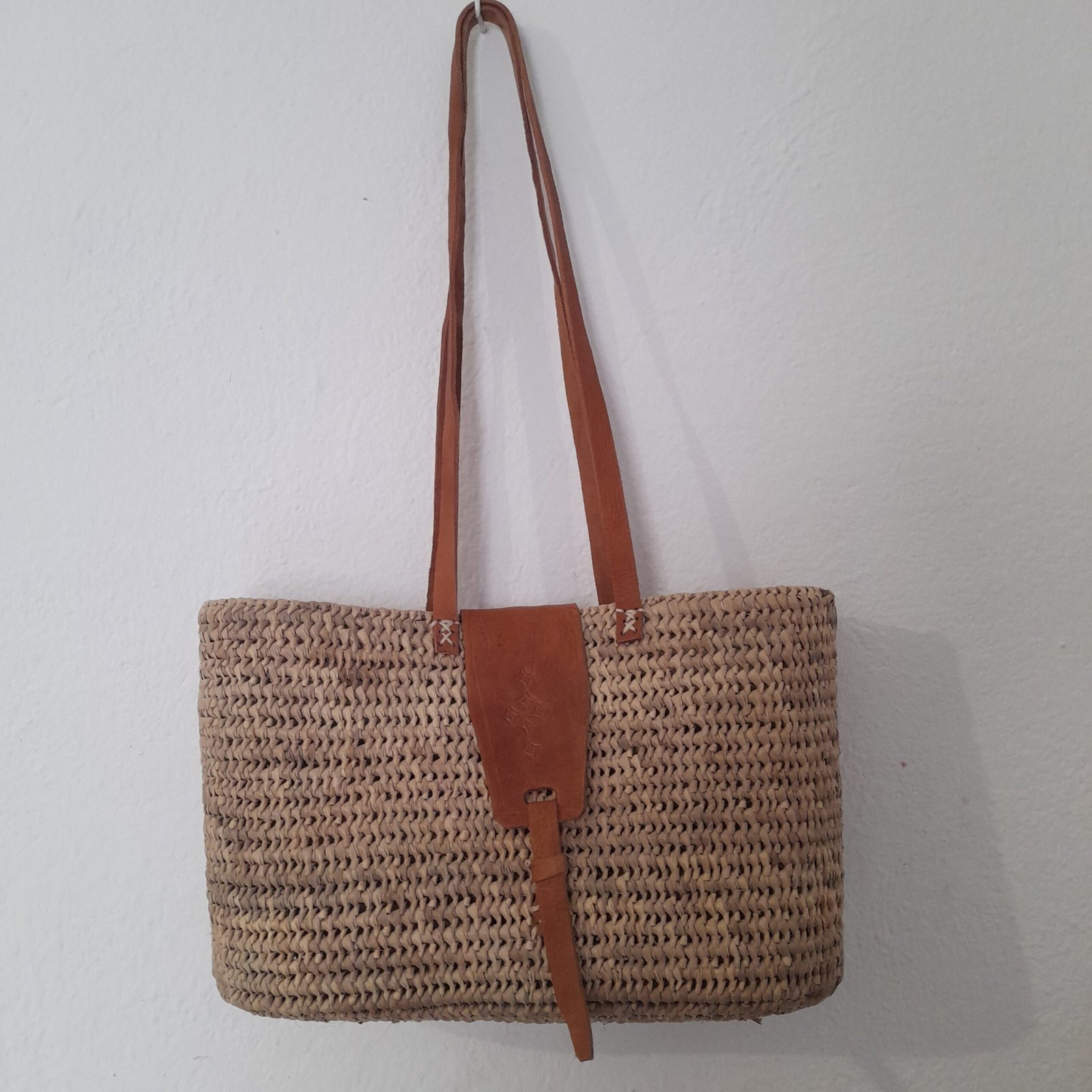 Artisan Palm Basket With Dark Brown Leather Long Handles - Image 2