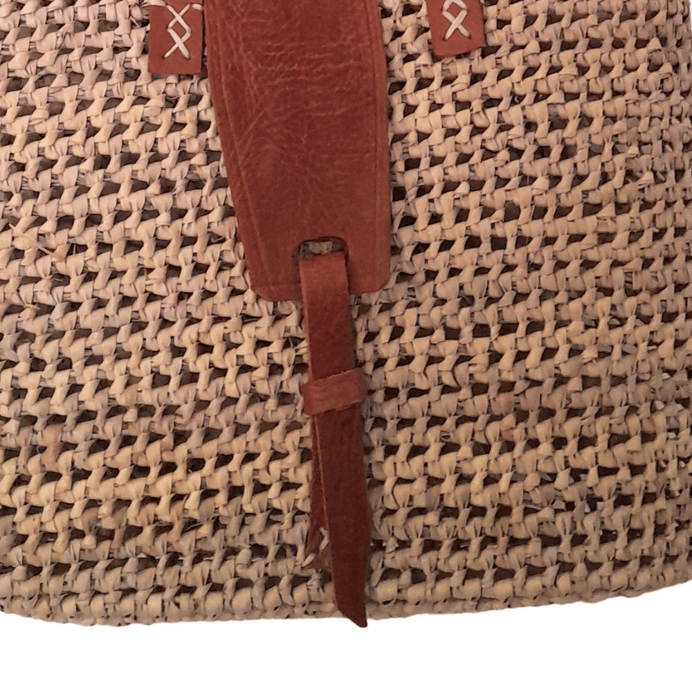 Artisan Palm Basket With Dark Brown Leather Long Handles - Image 3