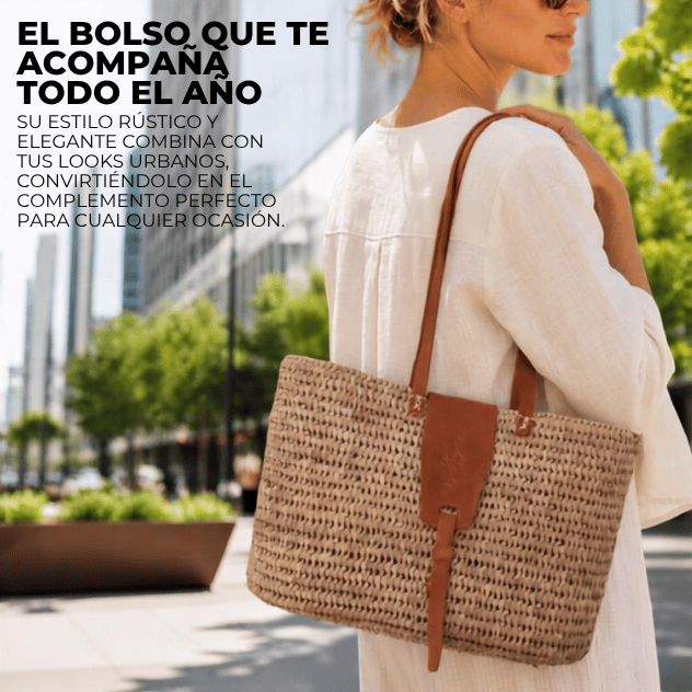 Artisan Palm Basket With Dark Brown Leather Long Handles